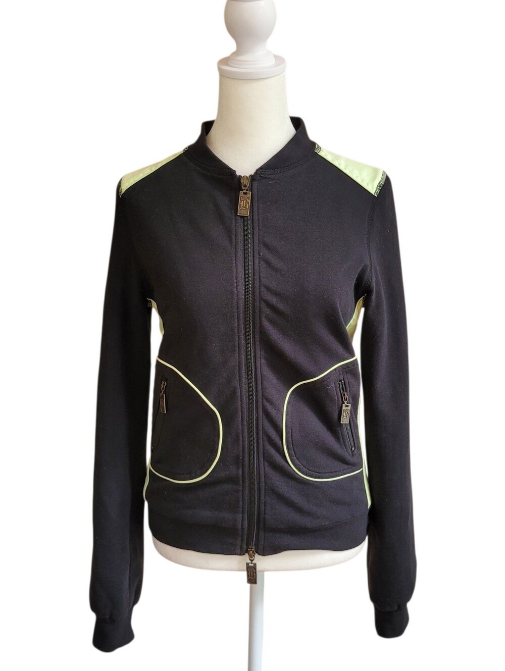 Bridgitte Michelle Y2K Black Jacket Lime Green Trim Zip Front Sporty Retro Sz M